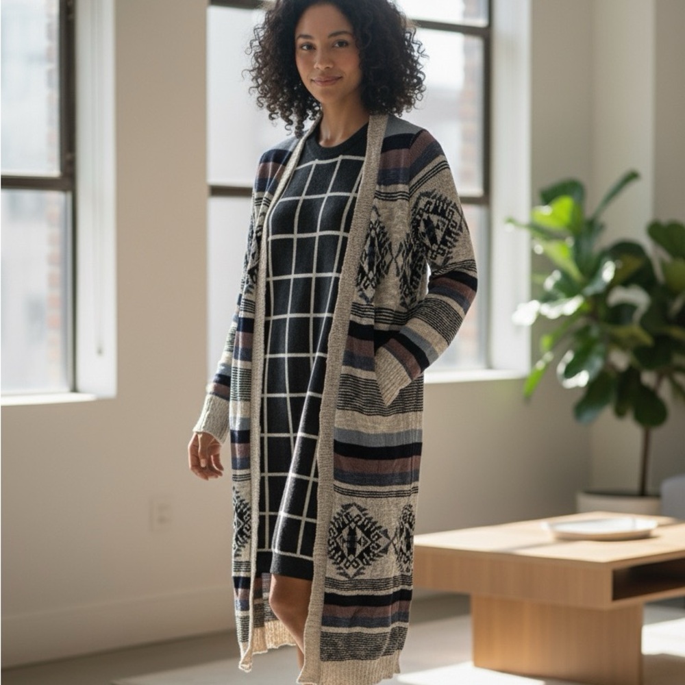 Hippie Rose Striped Boho Long Cardigan Duster with  Aztec Pattern. Medium